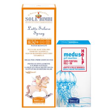 Sole bimbi latte solare spray spf50+ 100 ml + meduse help gel marino dopo puntura roll on 25 ml