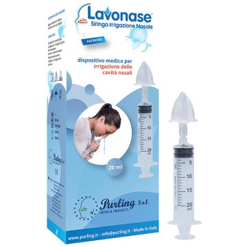 Lavonase irrigazione nasale non sterile siringa 20 ml + luer-lock con cappuccio + ugello nasale con raccordo luer-lock + perforatore con valvola non ritorno con tappo