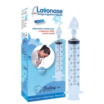 Lavonase irrigazione nasale non sterile siringa 60 ml + luer-lock con cappuccio + ugello nasale con raccordo luer-lock + perforatore con valvola non ritorno con tappo