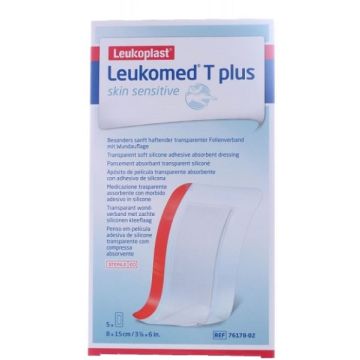 Leukomed t plus skin sensitive medicazione post-operatoria trasparente impermeabile con massa adesiva al silicone 8x15cm 5 pezzi