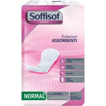 Pannolone per incontinenza con protezioni discrete morbide e anatomiche con nucleo super assorbente e uno speciale filtrante esterno traspirante soffisof lady normale 12 pezzi